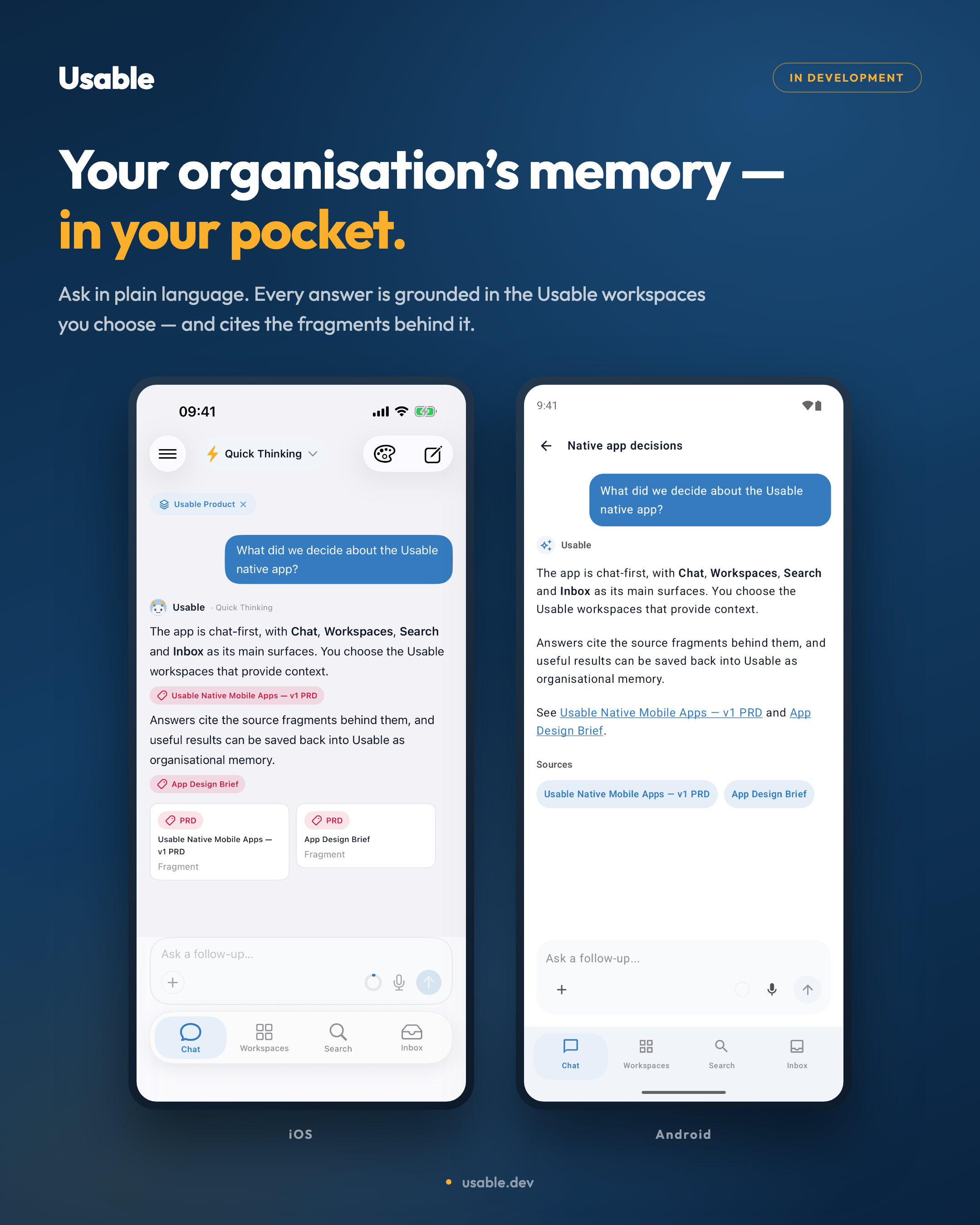 Usable native apps for iOS and Android showing an answer grounded in shared workspace fragments